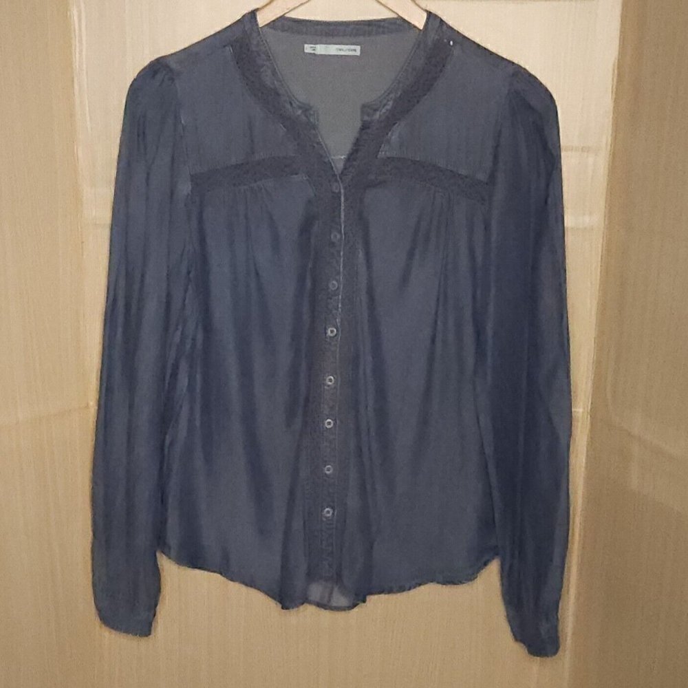 Maurices Womens Blue Lyocel Blend Lace Detail Button Down Large